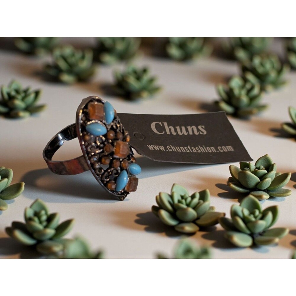 Unique Ring Aqua Blue Brown Gold Multi Stone Oval Adjustable Chuns Jewelry
